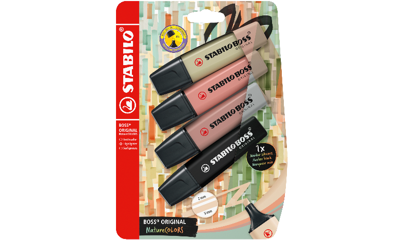 Highlighter - STABILO BOSS ORIGINAL NatureCOLORS - Pack of 4 - Mud Green, Sienna, Umber, Black