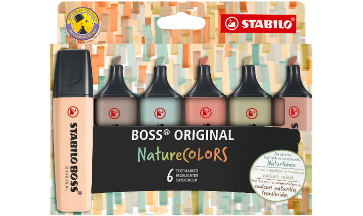Highlighter - STABILO BOSS ORIGINAL NatureCOLORS - Pack of 6 - Beige, Warm Grey, Earth Green, Sienna, Mud Green, Umber