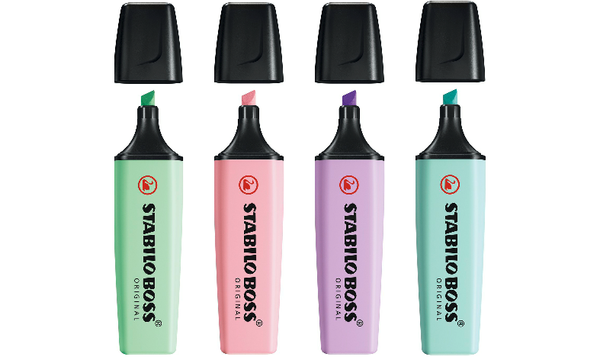 Highlighter - STABILO BOSS ORIGINAL Pastel - Pack of 4 - Hint of Mint, Pink Blush, Lilac Haze, Touch of Turquoise
