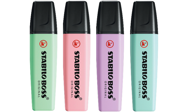 Highlighter - STABILO BOSS ORIGINAL Pastel - Pack of 4 - Hint of Mint, Pink Blush, Lilac Haze, Touch of Turquoise