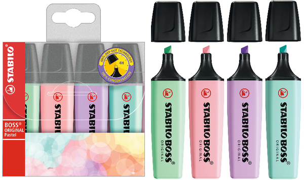 Highlighter - STABILO BOSS ORIGINAL Pastel - Pack of 4 - Hint of Mint, Pink Blush, Lilac Haze, Touch of Turquoise