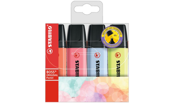 Highlighter - STABILO BOSS ORIGINAL Pastel - Pack of 4 - Mellow Coral Red, Cherry Blossom Pink, Cloudy Blue, Dash of Lime