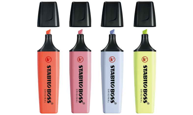 Highlighter - STABILO BOSS ORIGINAL Pastel - Pack of 4 - Mellow Coral Red, Cherry Blossom Pink, Cloudy Blue, Dash of Lime