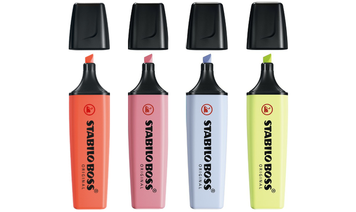 Highlighter - STABILO BOSS ORIGINAL Pastel - Pack of 4 - Mellow Coral Red, Cherry Blossom Pink, Cloudy Blue, Dash of Lime