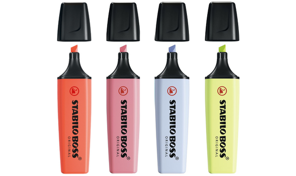 Highlighter - STABILO BOSS ORIGINAL Pastel - Pack of 4 - Mellow Coral Red, Cherry Blossom Pink, Cloudy Blue, Dash of Lime
