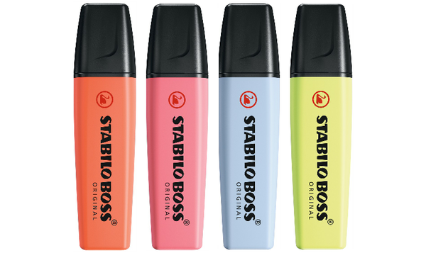 Highlighter - STABILO BOSS ORIGINAL Pastel - Pack of 4 - Mellow Coral Red, Cherry Blossom Pink, Cloudy Blue, Dash of Lime