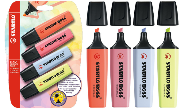 Highlighter - STABILO BOSS ORIGINAL Pastel - Pack of 4 - Mellow Coral Red, Cherry Blossom Pink, Cloudy Blue, Dash of Lime