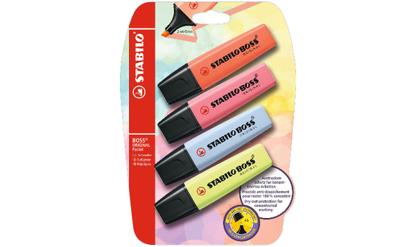 Highlighter - STABILO BOSS ORIGINAL Pastel - Pack of 4 - Mellow Coral Red, Cherry Blossom Pink, Cloudy Blue, Dash of Lime