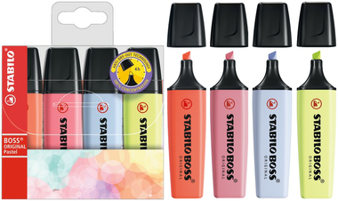 Highlighter - STABILO BOSS ORIGINAL Pastel - Pack of 4 - Mellow Coral Red, Cherry Blossom Pink, Cloudy Blue, Dash of Lime