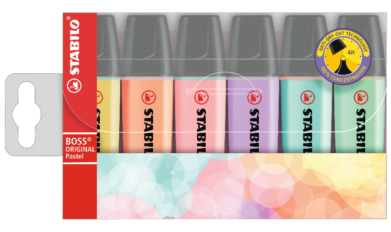 Highlighter - STABILO BOSS ORIGINAL Pastel - Pack of 6 - Milky Yellow, Creamy Peach, Pink Blush, Lilac Haze, Hint of Mint, Touch of Turquoise