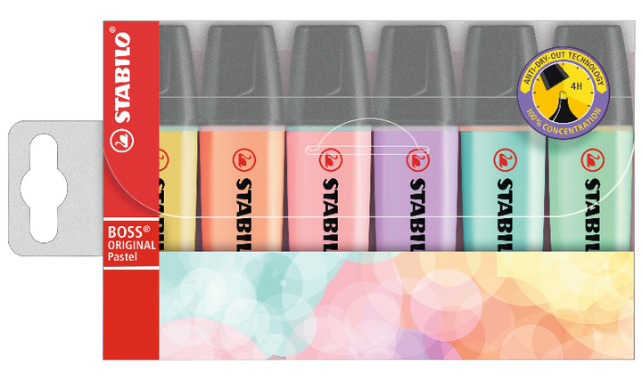 Highlighter - STABILO BOSS ORIGINAL Pastel - Pack of 6 - Milky Yellow, Creamy Peach, Pink Blush, Lilac Haze, Hint of Mint, Touch of Turquoise