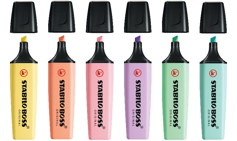 Highlighter - STABILO BOSS ORIGINAL Pastel - Pack of 6 - Milky Yellow, Creamy Peach, Pink Blush, Lilac Haze, Hint of Mint, Touch of Turquoise