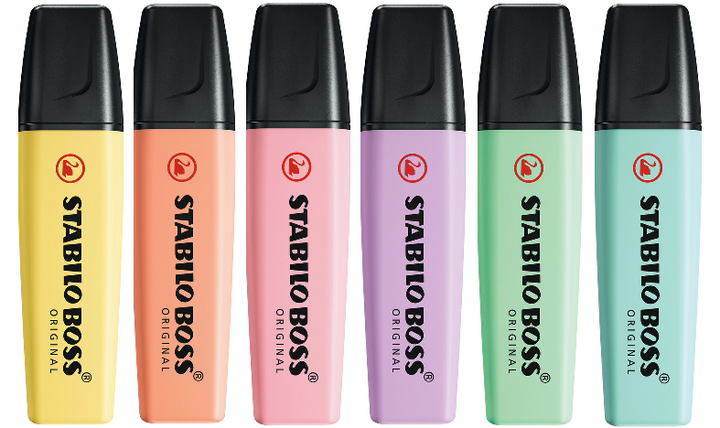 Highlighter - STABILO BOSS ORIGINAL Pastel - Pack of 6 - Milky Yellow, Creamy Peach, Pink Blush, Lilac Haze, Hint of Mint, Touch of Turquoise