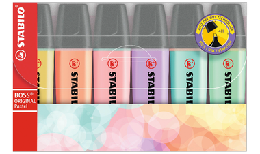 Highlighter - STABILO BOSS ORIGINAL Pastel - Pack of 6 - Milky Yellow, Creamy Peach, Pink Blush, Lilac Haze, Hint of Mint, Touch of Turquoise