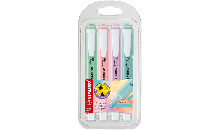 Highlighter - STABILO swing cool Pastel - Pack of 4 - Hint of Mint, Pink Blush, Lilac Haze, Touch of Turquoise