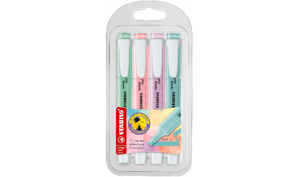 Highlighter - STABILO swing cool Pastel - Pack of 4 - Hint of Mint, Pink Blush, Lilac Haze, Touch of Turquoise
