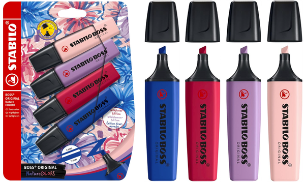 Highlighter - STABILO BOSS ORIGINAL NatureCOLOURS Wildflowers Edition - Pack of 4 - Blush, Burgundy, Grey Violet and Ultramarine