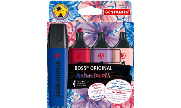Highlighter - STABILO BOSS ORIGINAL NatureCOLOURS Wildflowers Edition - Wallet of 4 - Blush, Burgundy, Grey Violet and Ultramarine