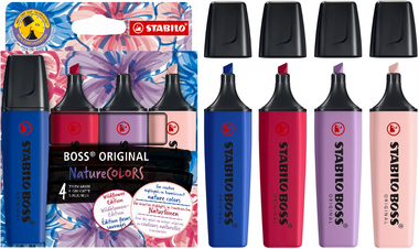 Highlighter - STABILO BOSS ORIGINAL NatureCOLOURS Wildflowers Edition - Wallet of 4 - Blush, Burgundy, Grey Violet and Ultramarine