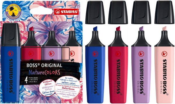 Highlighter - STABILO BOSS ORIGINAL NatureCOLOURS Wildflowers Edition - Wallet of 4 - Blush, Burgundy, Grey Violet and Ultramarine