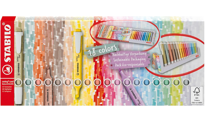 Highlighter - STABILO swing cool NatureCOLORS - Deskset of 18 - 8 Natural &amp; 10 Pastel Colours