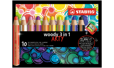 Multi-Talented Pencil - STABILO woody 3 in 1 - ARTY - Pack of 10 - Assorted Colours with Sharpener