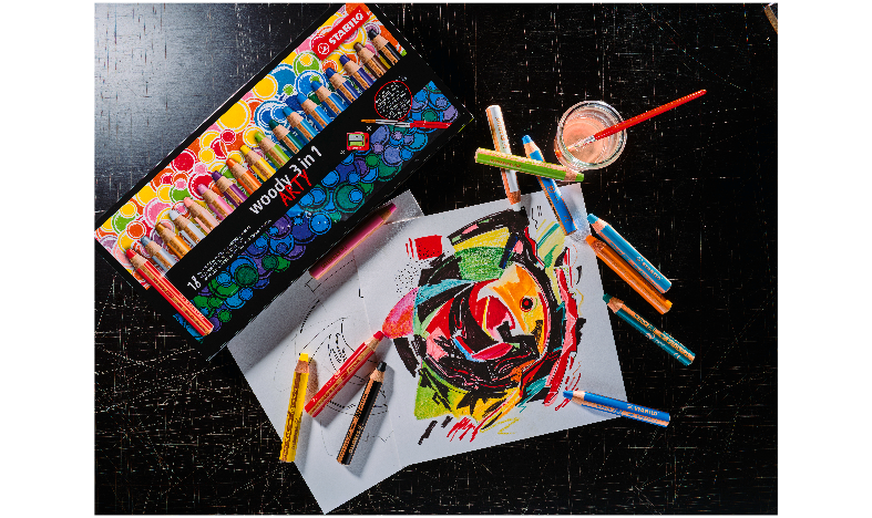 Multi-Talented Pencil - STABILO woody 3 in 1 - ARTY - Pack of 18 - Assorted Colours with Sharpener and Paint Brush