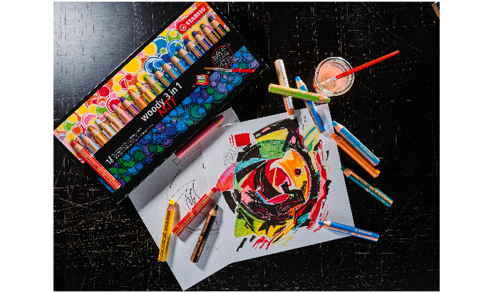 Multi-Talented Pencil - STABILO woody 3 in 1 - ARTY - Pack of 18 - Assorted Colours with Sharpener and Paint Brush
