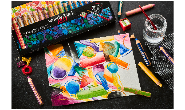 Multi-Talented Pencil - STABILO woody 3 in 1 - ARTY - Pack of 18 - Assorted Colours with Sharpener and Paint Brush