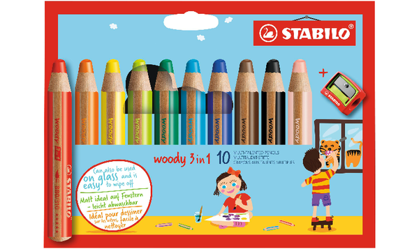Multi-Talented Pencil - STABILO woody 3 in 1 - Pack of 10 - Assorted Colours with Sharpener