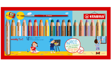 Multi-Talented Pencil - STABILO woody 3 in 1 - Pack of 18 - Assorted Standard and Pastel Colours with Sharpener and Paint Brush