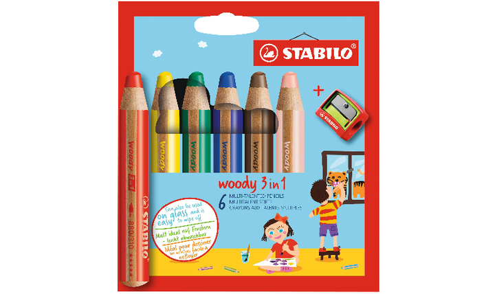 Multi-Talented Pencil - STABILO woody 3 in 1 - Pack of 6 - Assorted Colours with Sharpener