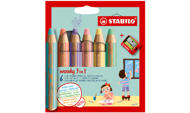 Multi-Talented Pencil - STABILO woody 3 in 1 - Pack of 6 - Assorted Pastel Colours with Sharpener