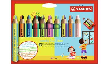 Multi-Talented Pencil - STABILO woody 3 in 1 duo - Pack of 10 - Assorted Colours with Sharpener