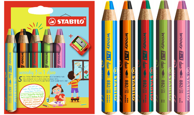 Multi-Talented Pencil - STABILO woody 3 in 1 duo - Pack of 5 - Assorted Colours with Sharpener