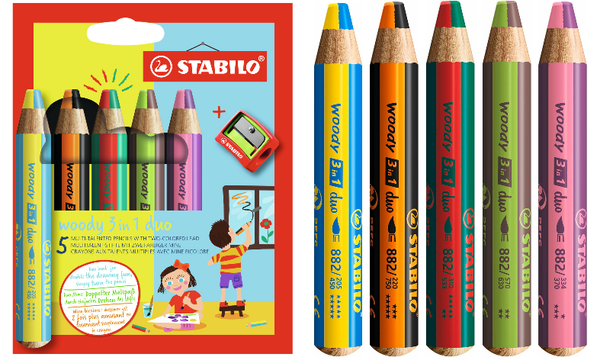 Multi-Talented Pencil - STABILO woody 3 in 1 duo - Pack of 5 - Assorted Colours with Sharpener