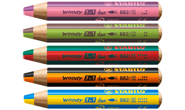 Multi-Talented Pencil - STABILO woody 3 in 1 duo - Pack of 5 - Assorted Colours with Sharpener