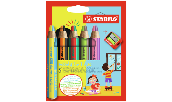 Multi-Talented Pencil - STABILO woody 3 in 1 duo - Pack of 5 - Assorted Colours with Sharpener