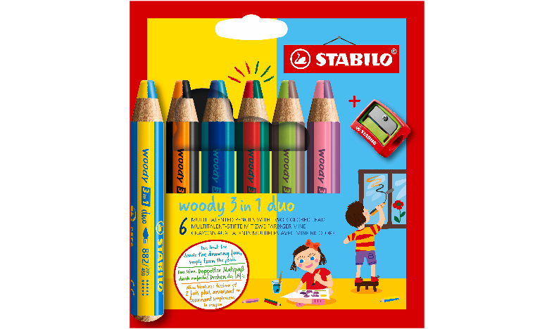 Multi-Talented Pencil - STABILO woody 3 in 1 duo - Pack of 6 - Assorted Colours with Sharpener