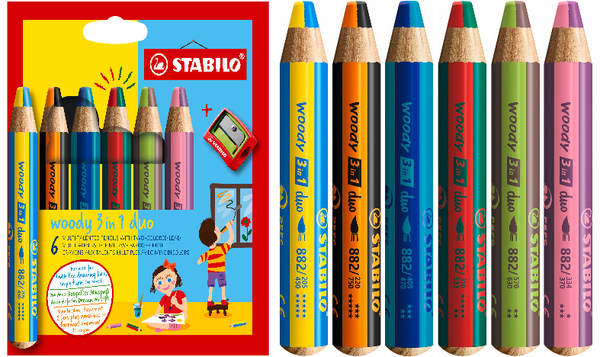 Multi-Talented Pencil - STABILO woody 3 in 1 duo - Pack of 6 - Assorted Colours with Sharpener