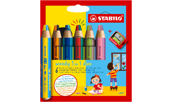 Multi-Talented Pencil - STABILO woody 3 in 1 duo - Pack of 6 - Assorted Colours with Sharpener