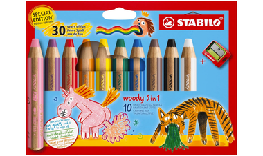 Multi-Talented Pencil - STABILO woody 3 in 1 - Pack of 10 - Birthday Edition - Assorted Colours with Sharpener