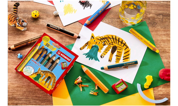 Multi-Talented Pencil - STABILO woody 3 in 1 - Pack of 6 - Birthday Edition - Tiger - Assorted Colours with Sharpener