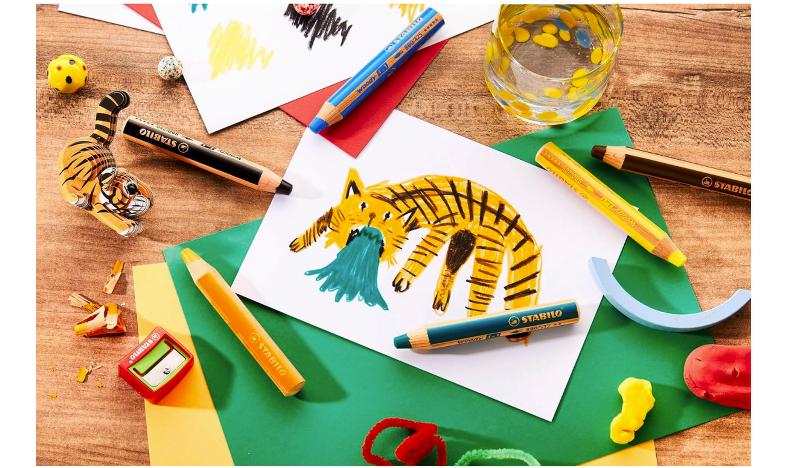 Multi-Talented Pencil - STABILO woody 3 in 1 - Pack of 6 - Birthday Edition - Tiger - Assorted Colours with Sharpener
