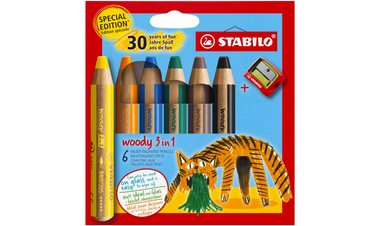 Multi-Talented Pencil - STABILO woody 3 in 1 - Pack of 6 - Birthday Edition - Tiger - Assorted Colours with Sharpener