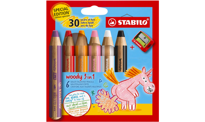 Multi-Talented Pencil - STABILO woody 3 in 1 - Pack of 6 - Birthday Edition - Unicorn - Assorted Colours with Sharpener