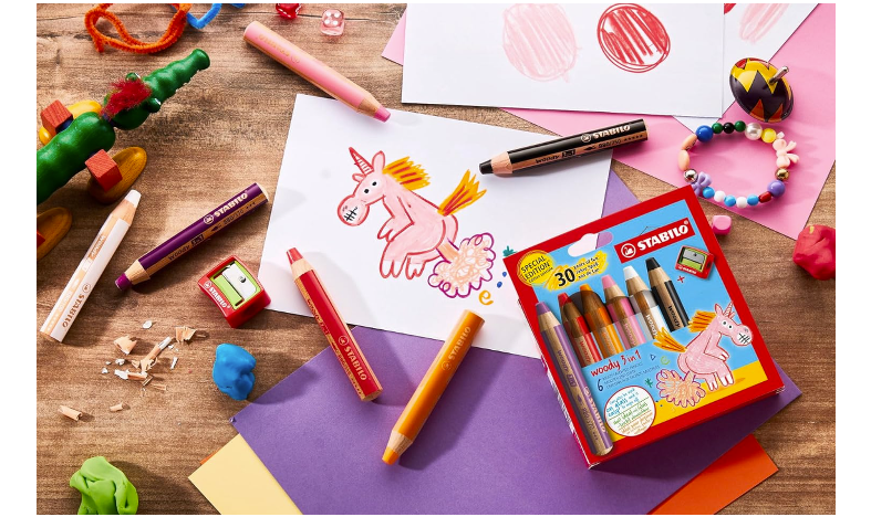 Multi-Talented Pencil - STABILO woody 3 in 1 - Pack of 6 - Birthday Edition - Unicorn - Assorted Colours with Sharpener