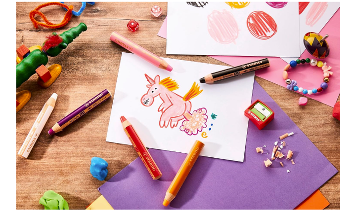 Multi-Talented Pencil - STABILO woody 3 in 1 - Pack of 6 - Birthday Edition - Unicorn - Assorted Colours with Sharpener