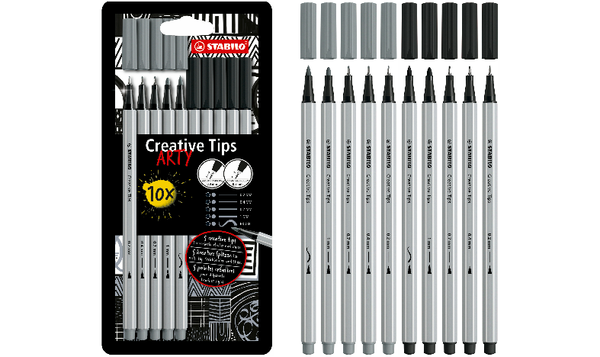Multi-Tip Pen Set - STABILO Creative Tips - ARTY - Pack of 10 - Black and Light Grey