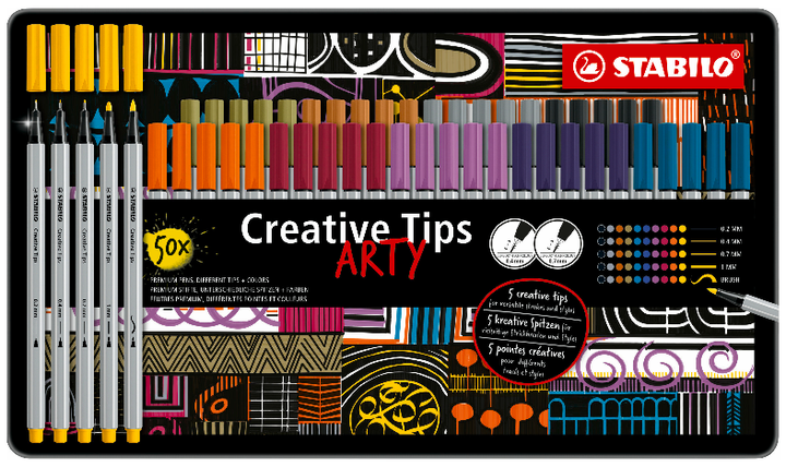 Multi-Tip Pen Set - STABILO Creative Tips - ARTY - Tin of 50 - URBAN - Assorted Colours